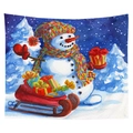 Christmas tapestry featuring watercolor snowman and red sleigh on a snowy night - Watercolor Snowman and Sled Style (CGT049-15) / Sanded Style (95x73)
