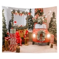 Christmas tapestry featuring a vintage red car and gifts on a snowy forest backdrop - Retro Red Car Gift Box Style (CGT049-24) / Sanded Style (95x73)