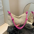 Beige woven straw shoulder bag with vibrant pink straps and U-shaped design - Rose Red