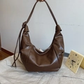 Dark brown retro PU hobo bag with pleated texture and decorative knot strap - Brown