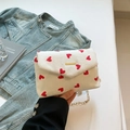 Beige corduroy crossbody bag with red heart patterns and a golden chain strap - Heart White