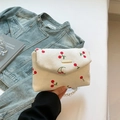 Cream corduroy crossbody bag with cherry embroidery and gold chain strap detail - Cherry Print White