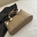 Retro khaki tote bag with patterned silk scarf accessory for chic office commute wear - Khaki