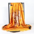 Elegant 90x90cm satin silk square headscarf featuring vibrant orange floral patterns - 90cmx90cm / Orange Large Flower