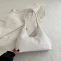 White woven faux leather hobo bag with intrecciato texture and gold buckle detail - White