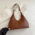 Brown woven hobo shoulder bag with glossy patent leather finish and gold hardware - Light Brown