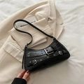 Black punk style baguette shoulder bag with silver grommets and decorative straps - Black