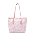 White canvas graffiti tote bag with pink handles and cartoon cat pattern for women - No Pendant / Pink