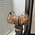 Minimalist coffee brown pleated underarm bag in glossy faux leather with buckle strap - Khaki