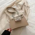 Beige faux leather shoulder bag with sparkling rhinestone buckle and silver chain strap - Khaki