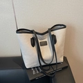 Bolso tote minimalista de lona con ribete de cuero negro y asas dobles para uso diario - Negro