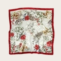 Elegant 90x90cm square silk scarf with floral peony prints and red satin borders - 90cmx90cm / Red Leaf