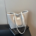 Bolso tote minimalista de lona beige con ribete blanco para un estilo de oficina chic - Blanco Roto