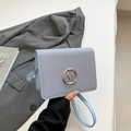 Light blue denim texture square crossbody bag with silver M logo buckle and top handle - Blue
