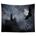 Halloween wall tapestry featuring a dark castle under a full moon with bats - Cgt046-13