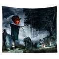 Halloween wall tapestry featuring pumpkin scarecrow and graveyard scenery in blue - Cgt046-16