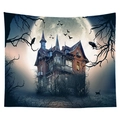 Halloween wall tapestry featuring a haunted mansion under full moon with black cat - Cgt046-19