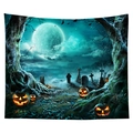 Tapisserie d'Halloween avec citrouilles lumineuses et cimetière aux tons bleu foncé - Cgt046-25 / 95*73 (Peau de Pêche)