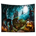 Tapisserie d'Halloween avec château effrayant, citrouilles et sorcière en bleu et orange - Cgt046-29 / 95*73 (Peau de Pêche)