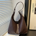 Minimalist large brown PU leather tote bag with adjustable shoulder strap for women - Brown