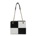 Minimalist black and white color-block crossbody bag with gold chain and leather handle - Black