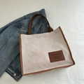 Borsa tote in velluto a coste bianco crema con accenti e manici in pelle marrone - Bianco Sporco