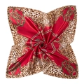 Macro shot of 90x90cm leopard print scarf with red panels and golden chain patterns - Red