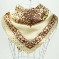 Macro detail of silk square scarf featuring elegant champagne paisley and floral patterns - 90*90cm / Khaki Paisley