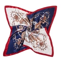 Elegant chain print satin silk square scarf with classic equestrian patterns on white background - Red & Navy