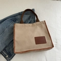Beige corduroy tote bag with brown faux leather trim and sturdy fabric handles - Khaki