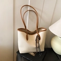 Cream tote bag with brown straps, textured leather and fashion pendant accessory - With Pendant / Off White