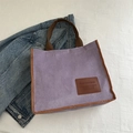 Purple corduroy tote bag for women with brown handles and a vintage design label - Purple