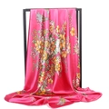 Satin floral silk scarf in magenta pink with elegant flower prints and tassel details - Rose Red