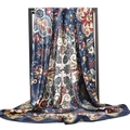 Foulard en satin bleu marine à imprimé cachemire et motifs floraux ethniques - 90*90cm / Bleu Marine