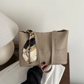 Fashionable khaki patchwork tote bag with silk scarf handle for 2025 casual commute style - Khaki