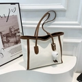 Retro contrast color tote bag in cream and brown with a cute plush charm accessory - With Pendant / White