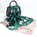 Green and pink satin scarf with white plum blossom pattern draped on a handbag - Pink Green Plum Blossom (#33)