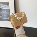 Beige woven crossbody bag with pearl handle and golden heart clasp for summer - Small (Pearl Handle + Heart Lock) / Khaki