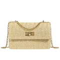 Chic beige woven straw crossbody bag with gold chain strap and square lock closure - Khaki Large