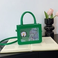 Green PU leather square crossbody bag with transparent window and daisy accent - Green