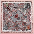 Pink paisley silk-like square scarf with exotic wildlife animal prints and mandala pattern - 90*90cm / Snow Ivory Pink