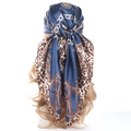 Navy blue satin scarf with leopard print and gold chain patterns on a mannequin head - Navy Blue