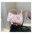 Detail of pink quilted tote bag showing fringe denim texture and vegan leather bottom - Pink