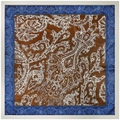 Caramel brown square satin scarf with large white paisley print and blue borders - 90*90cm / Matcha Green