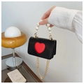 Mini sac noir pour enfants avec cœur rouge, poignée en perles et chaîne en métal doré - Noir