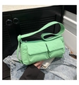Detail of light green nylon shoulder bag with utility pockets and wide strap - Green