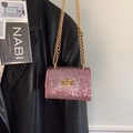 Elegant pink sequin chain crossbody bag with golden metal lock and dual straps - Pink