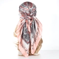 Pink bohemian satin square scarf featuring paisley prints and elephant border pattern - Pink Floral