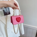 Pink heart mini bag with pearl handle and gold chain for girls and women - Pink
