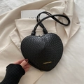 Fashion heart-shaped crossbody bag in black woven leather with gold zipper details - Black